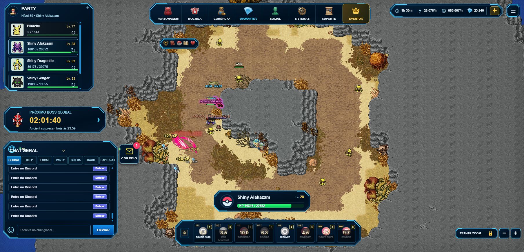 Interface real do Nexus Idle, com equipe, chat e combate contra Abra em Kanto
