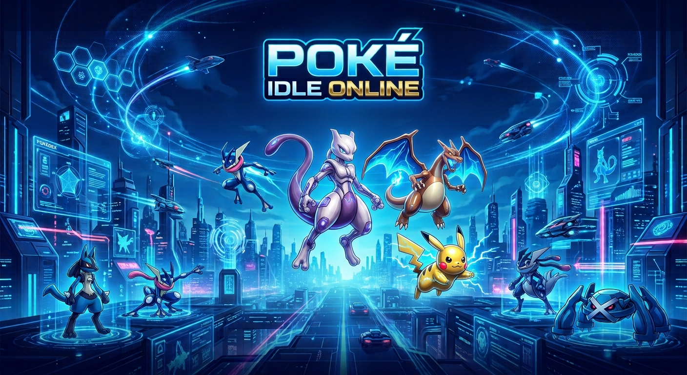 Nexus Idle: Mewtwo, Charizard, Greninja, Pikachu e outros Pokémon em uma cidade azul neon